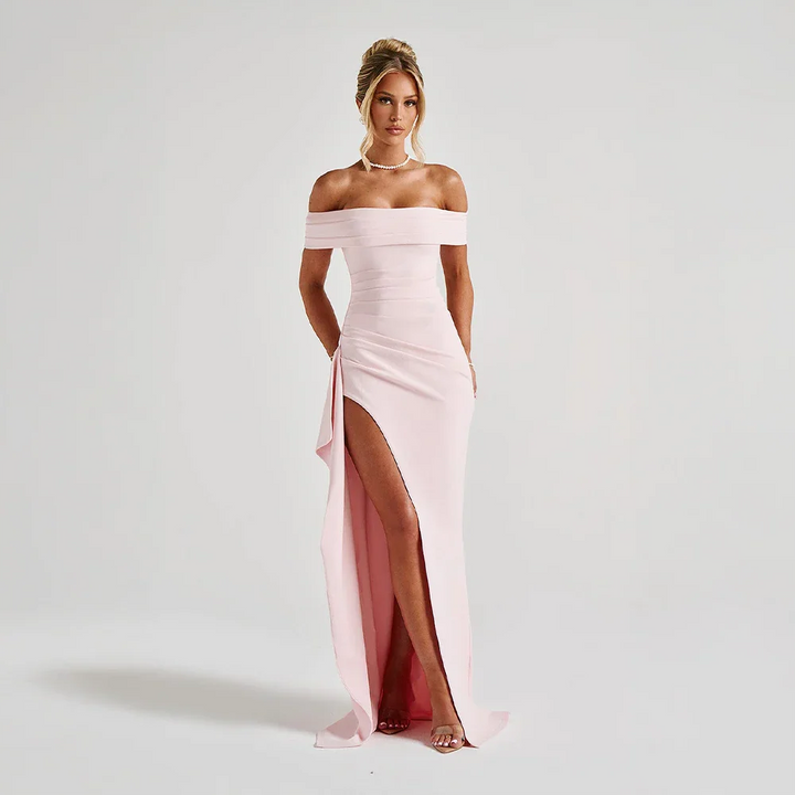 Josephine — Elegant Off-Shoulder Maxi Dress With High Side Slit For Wedding Guests