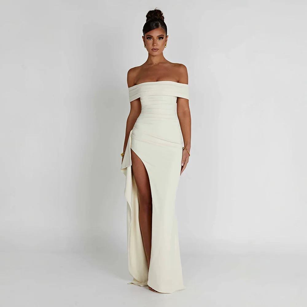 Josephine — Elegant Off-Shoulder Maxi Dress With High Side Slit For Wedding Guests