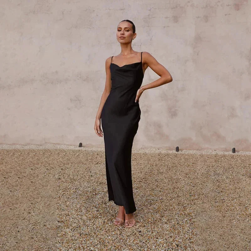 Celestina — Elegant Satin Maxi Dress With Sleeveless Draped Neck Formal Design