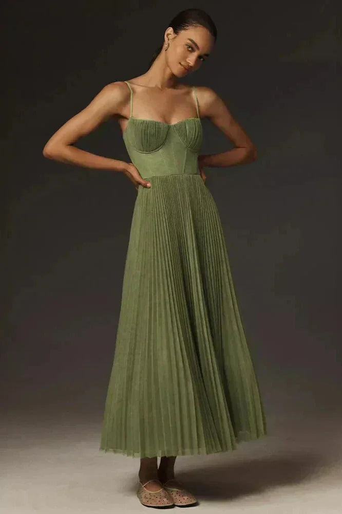 Lucienne — Lightweight Pleated Midi Dress With Delicate Strap Detail