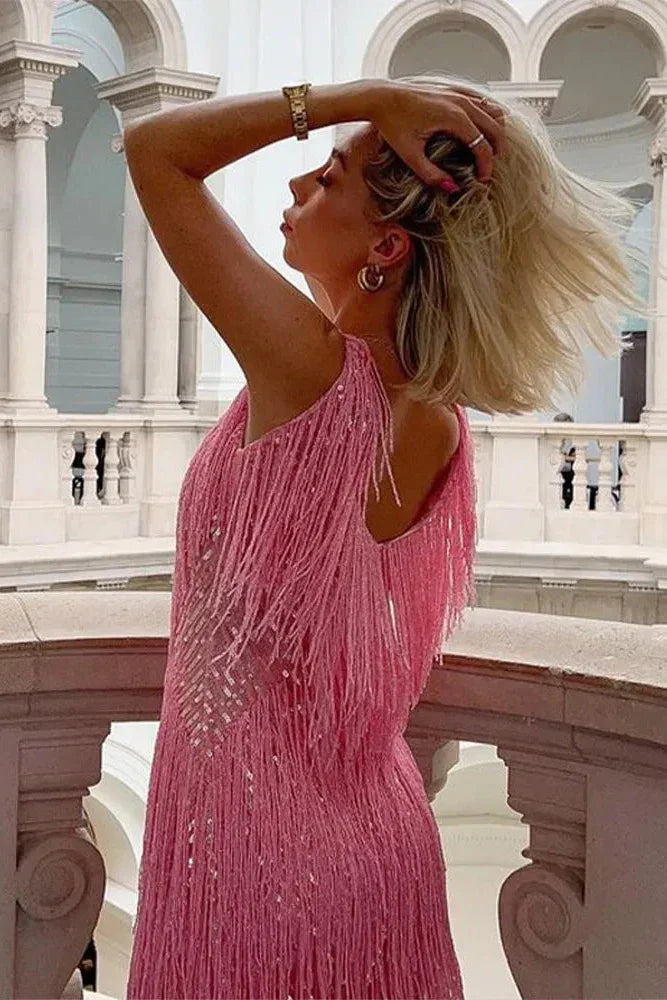 Selene — Glamorous Sequin Mini Dress With Sleeveless Tassel Detail