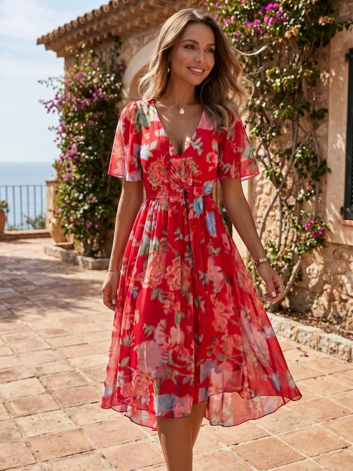 Audrey — Lightweight Floral Wrap Midi Dress With Elegant Flutter Sleeve Design