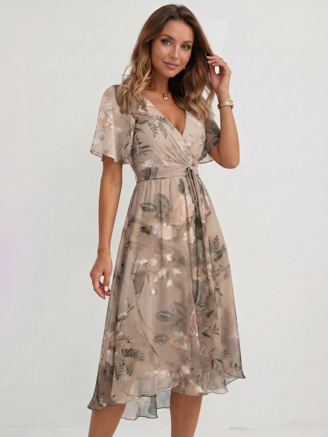 Audrey — Lightweight Floral Wrap Midi Dress With Elegant Flutter Sleeve Design
