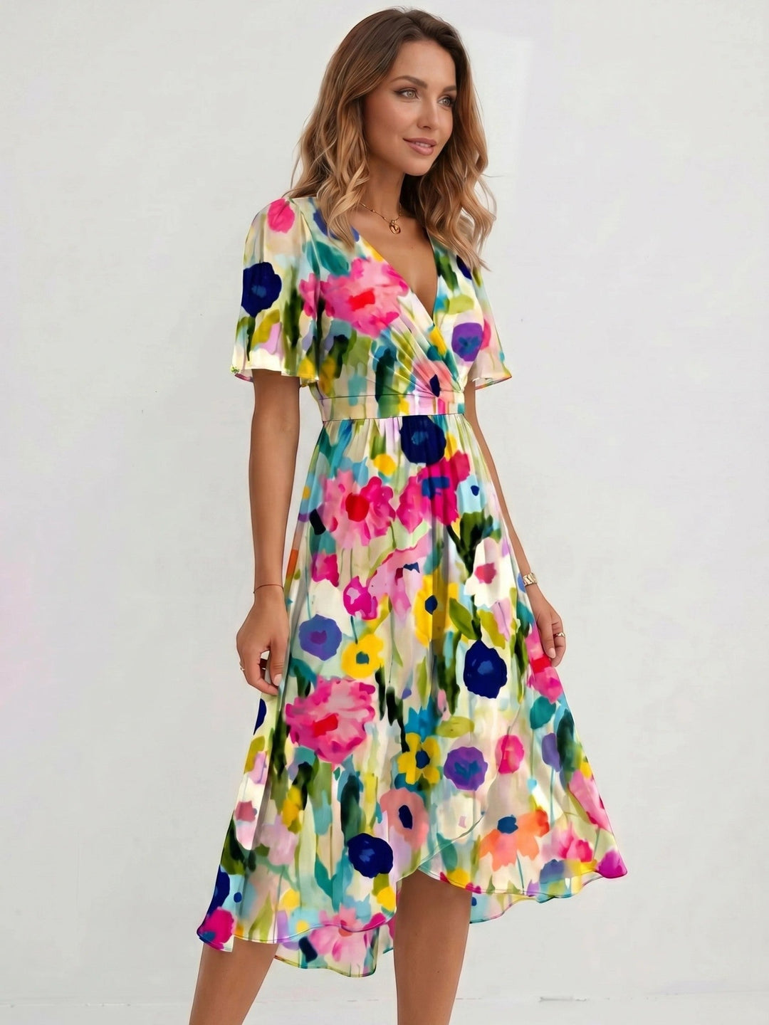 Audrey — Lightweight Floral Wrap Midi Dress With Elegant Flutter Sleeve Design