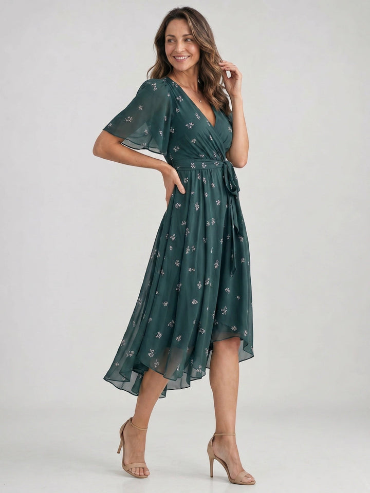 Audrina — Floral Print Midi Dress With Elegant V-Neck Wrap Summer Design