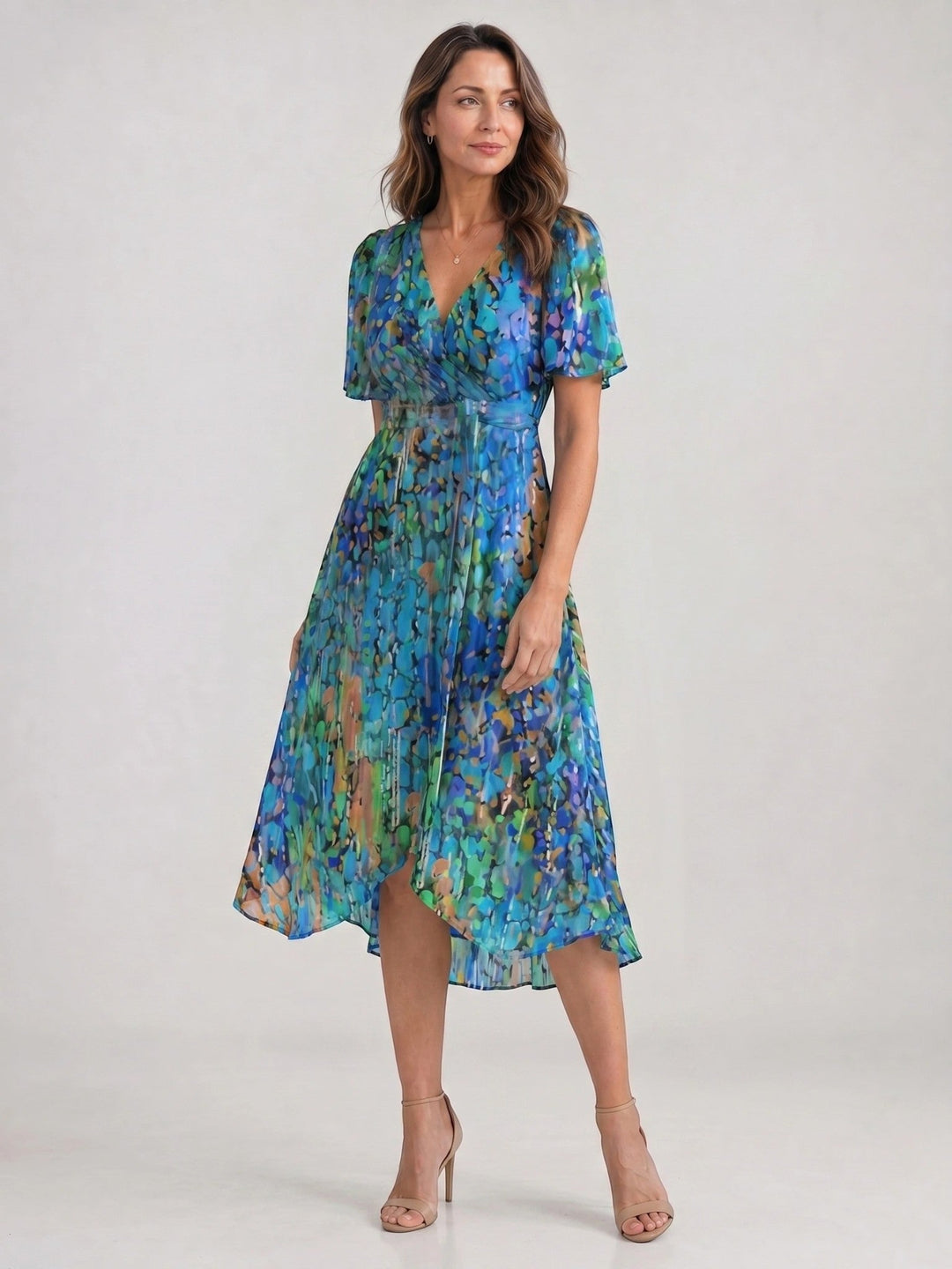 Audrina — Floral Print Midi Dress With Elegant V-Neck Wrap Summer Design