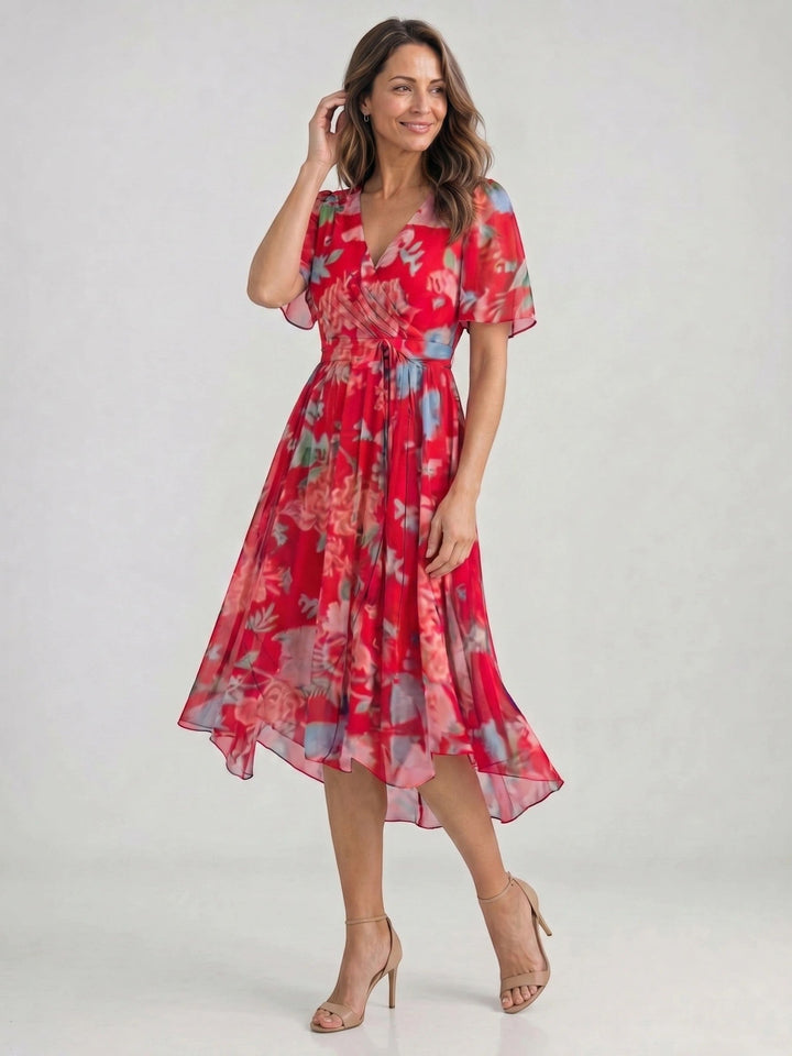 Audrina — Floral Print Midi Dress With Elegant V-Neck Wrap Summer Design