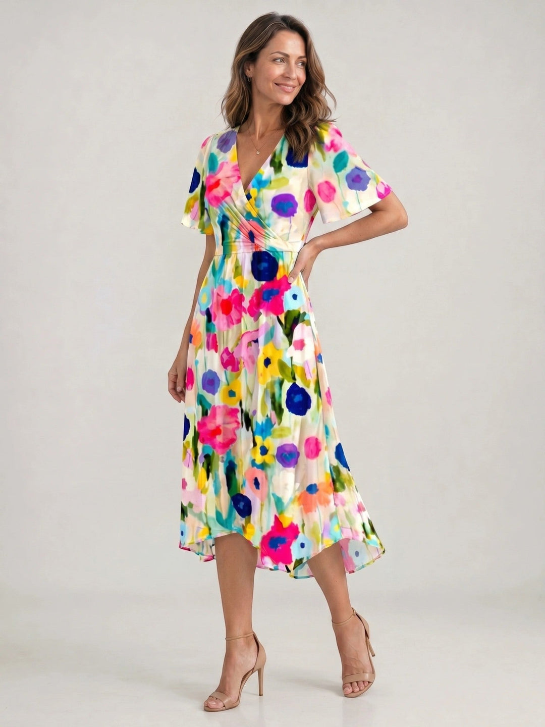 Audrina — Floral Print Midi Dress With Elegant V-Neck Wrap Summer Design