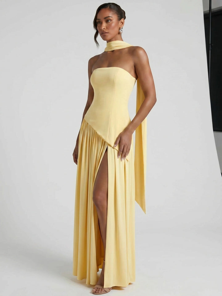 Evelyn — Elegant Chiffon Evening Dress With Strapless Scarf Detail