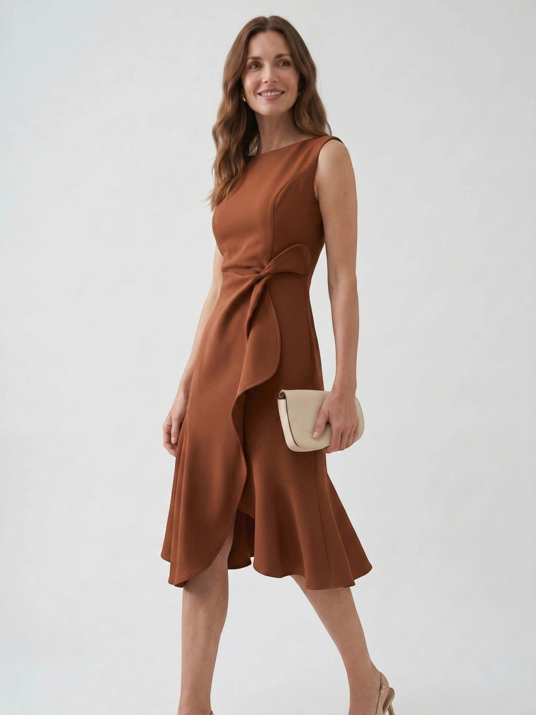 Scarlett — Elegant Wrap Front Midi Dress With Timeless Fit And Flare Style