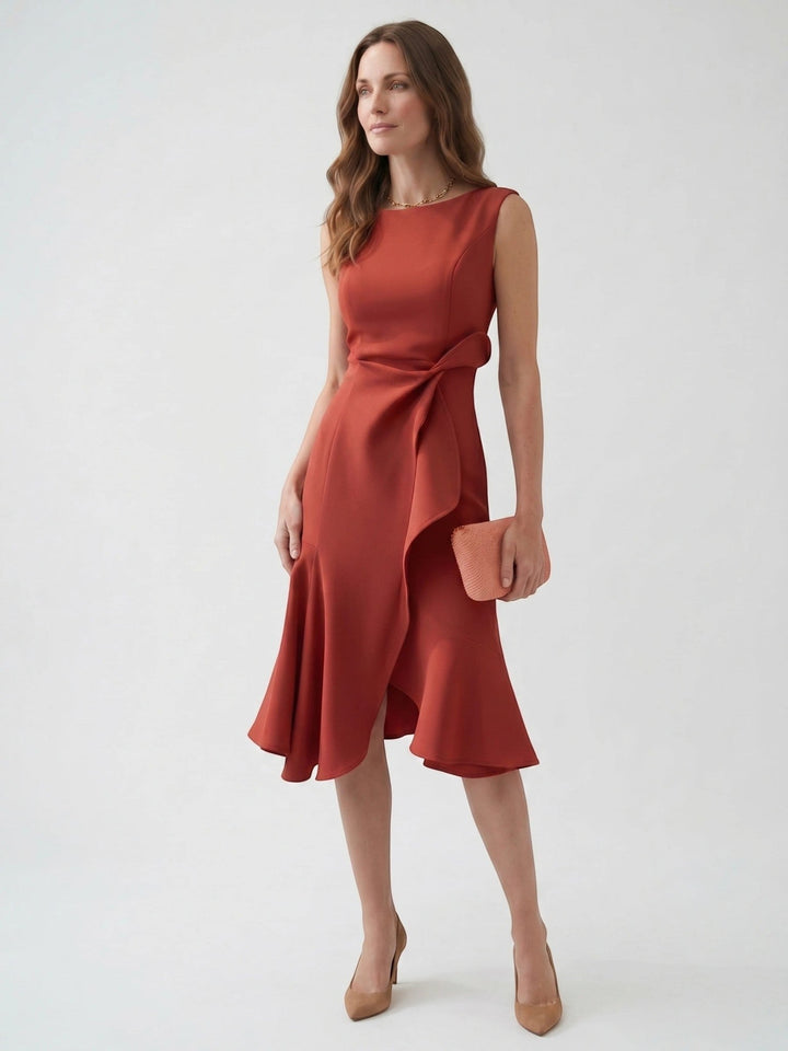 Scarlett — Elegant Wrap Front Midi Dress With Timeless Fit And Flare Style