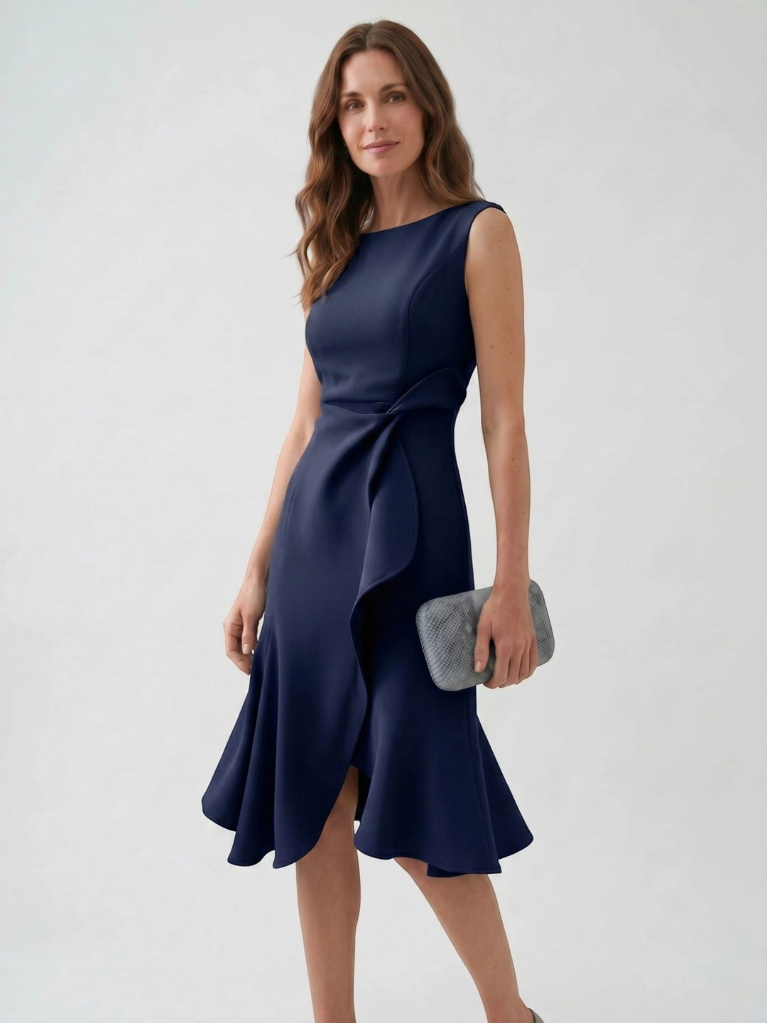 Scarlett — Elegant Wrap Front Midi Dress With Timeless Fit And Flare Style
