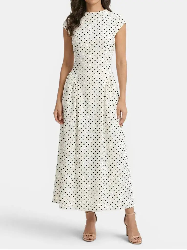Anastasia — Elegant Polka Dot Maxi Dress With Chic Cap-Sleeve A-Line Design