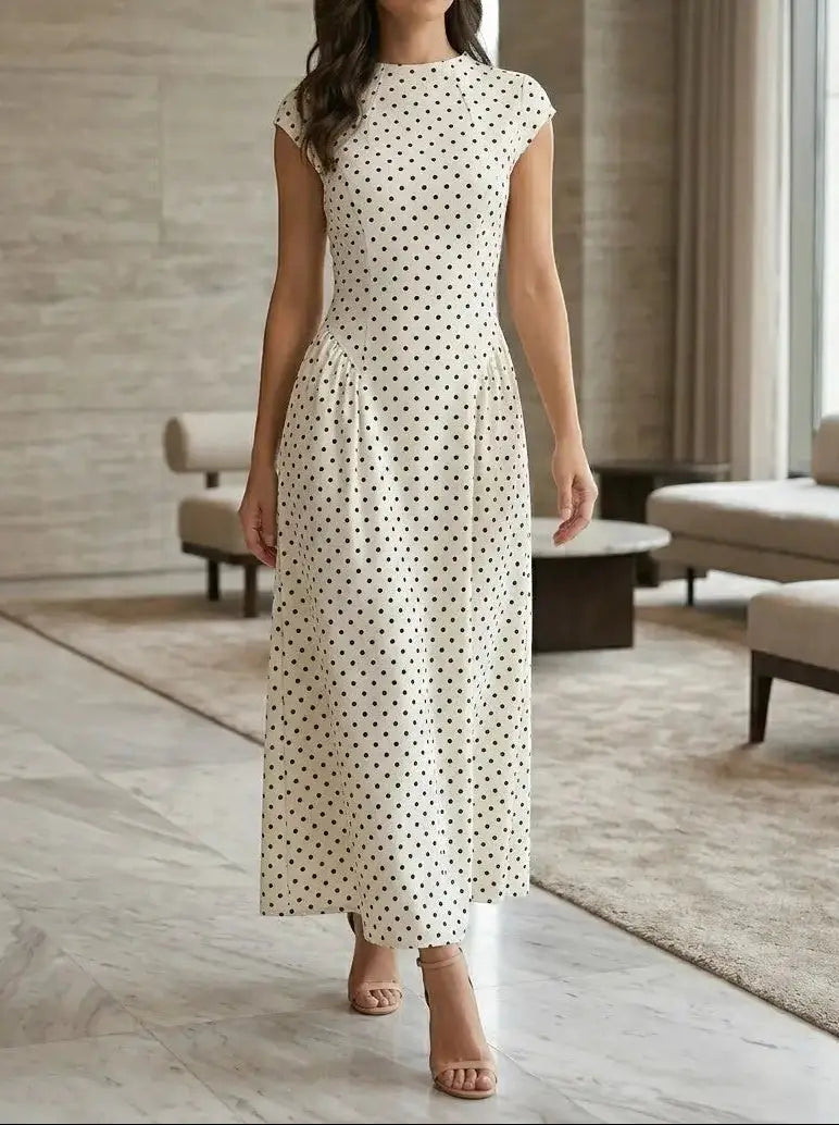 Anastasia — Elegant Polka Dot Maxi Dress With Chic Cap-Sleeve A-Line Design