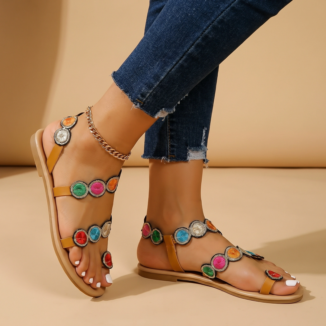 Marigold — Embroidered Floral Flat Sandals With Stylish Open-Toe Ankle Strap Design