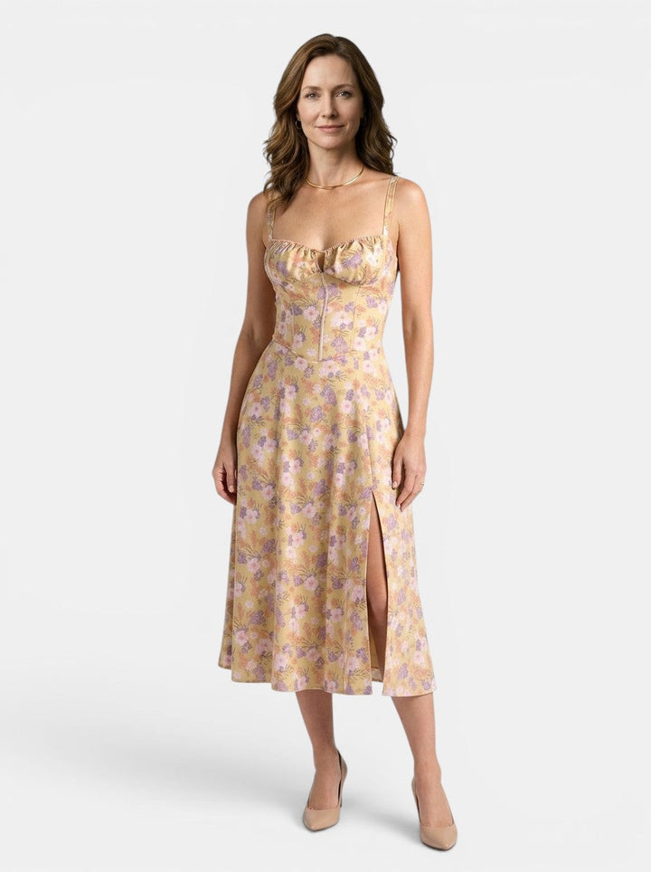 Marguerite — Floral Corset Midi Dress With Elegant Flowing Skirt Design