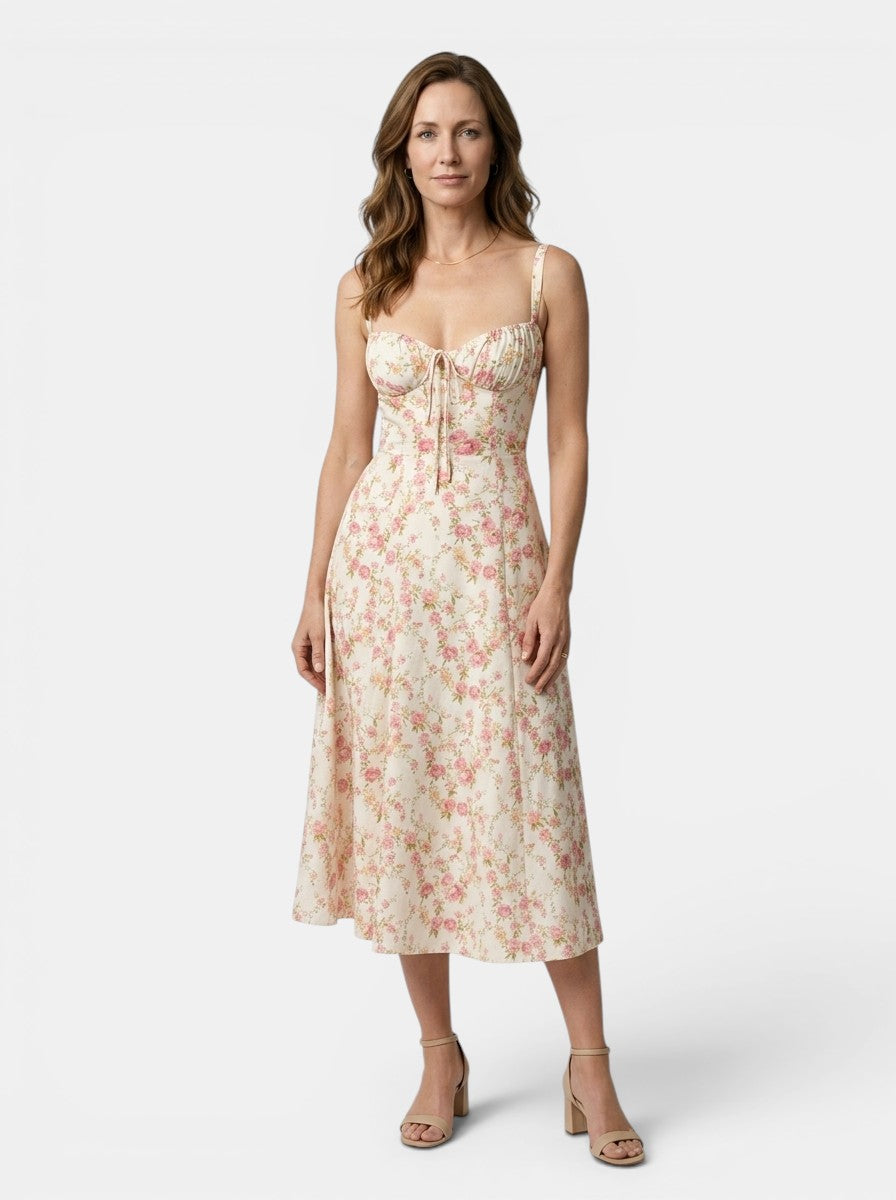 Marguerite — Floral Corset Midi Dress With Elegant Flowing Skirt Design