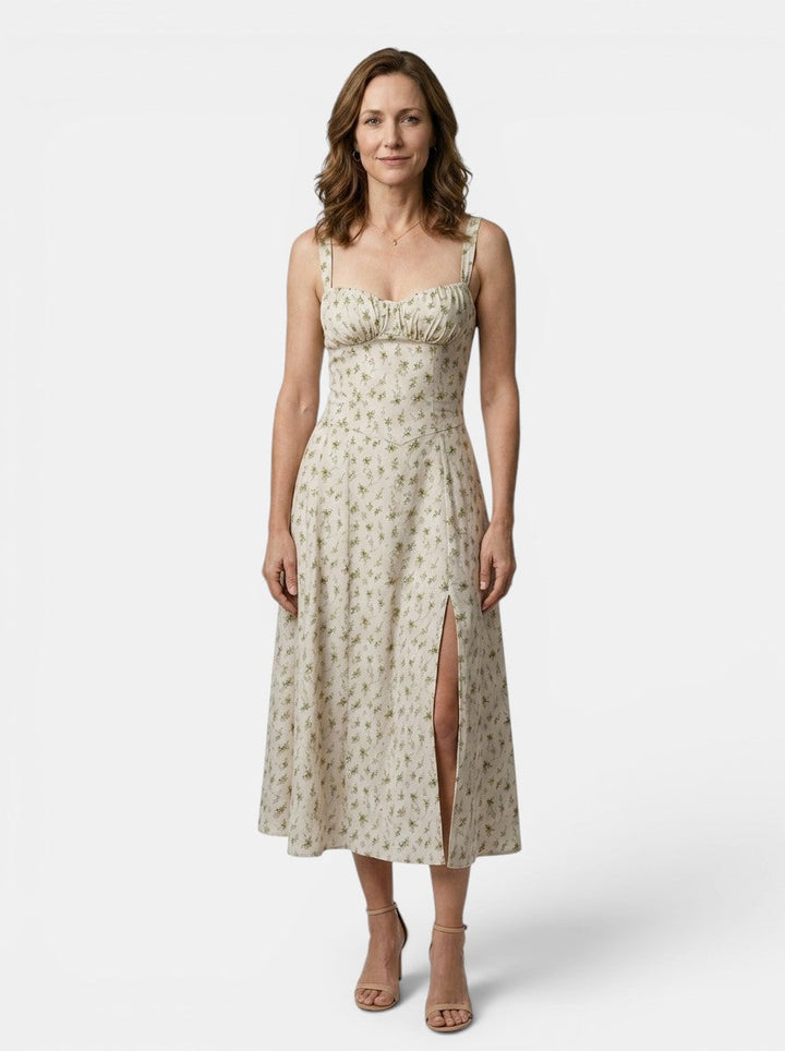 Marguerite — Floral Corset Midi Dress With Elegant Flowing Skirt Design