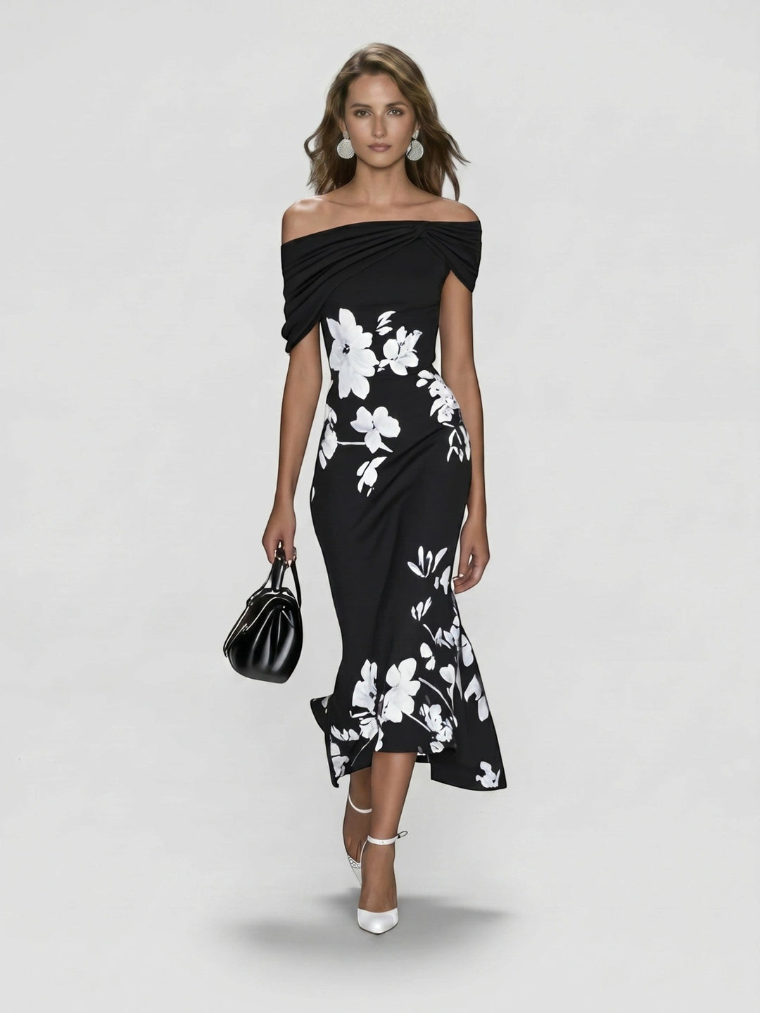 Floralmidi — Floral Midi Dress With Elegant Off-Shoulder Summer Wedding Guest Design