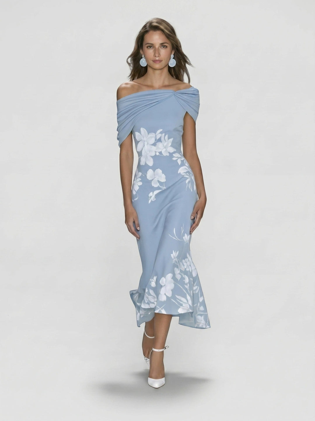 Floralmidi — Floral Midi Dress With Elegant Off-Shoulder Summer Wedding Guest Design