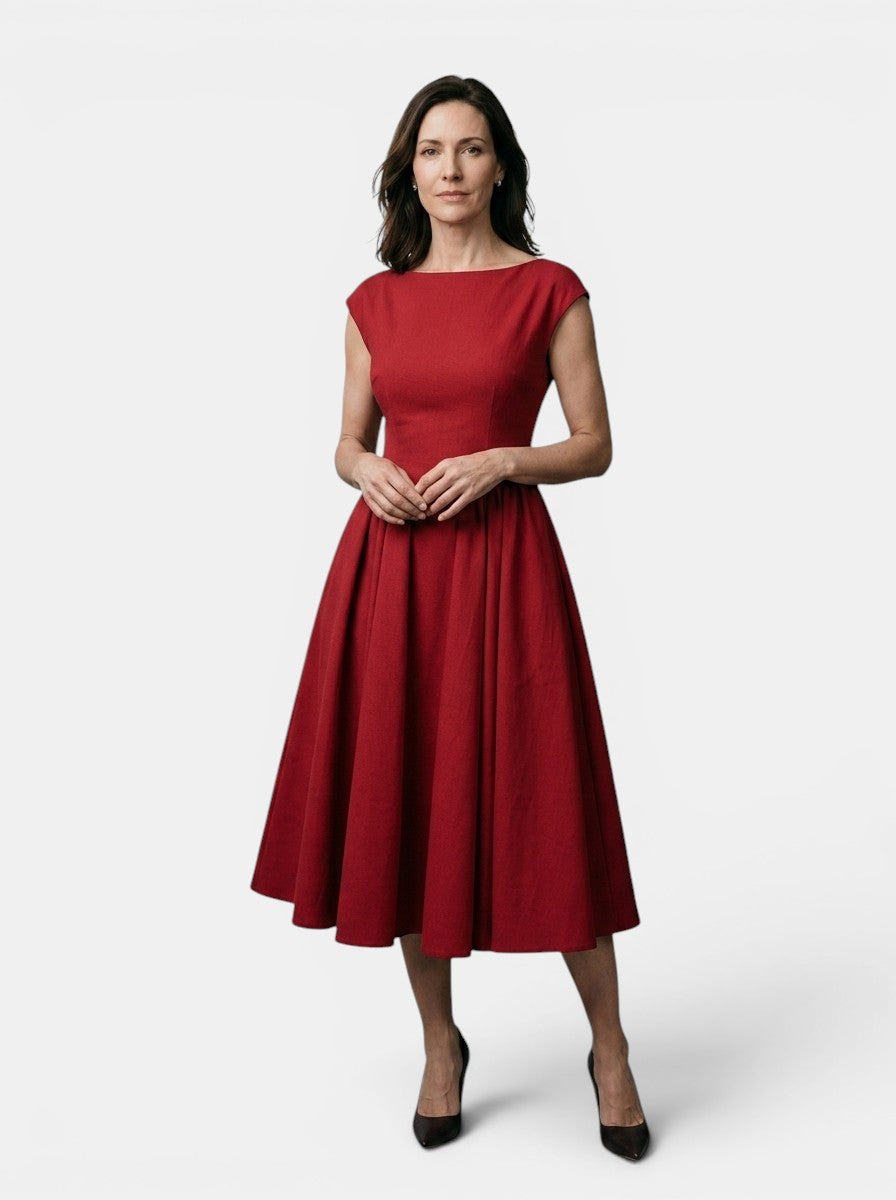 Octavia — Flowing Midi Dress With Elegant Cap Sleeve Fit And Flare Design