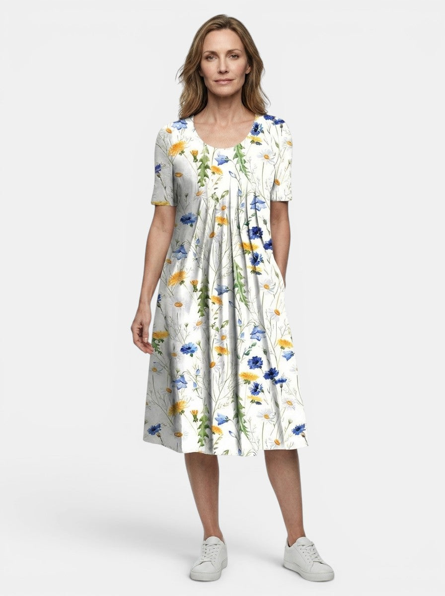 Theodora — Lightweight Floral Print Midi Dress With Flowy A-Line Summer Silhouette