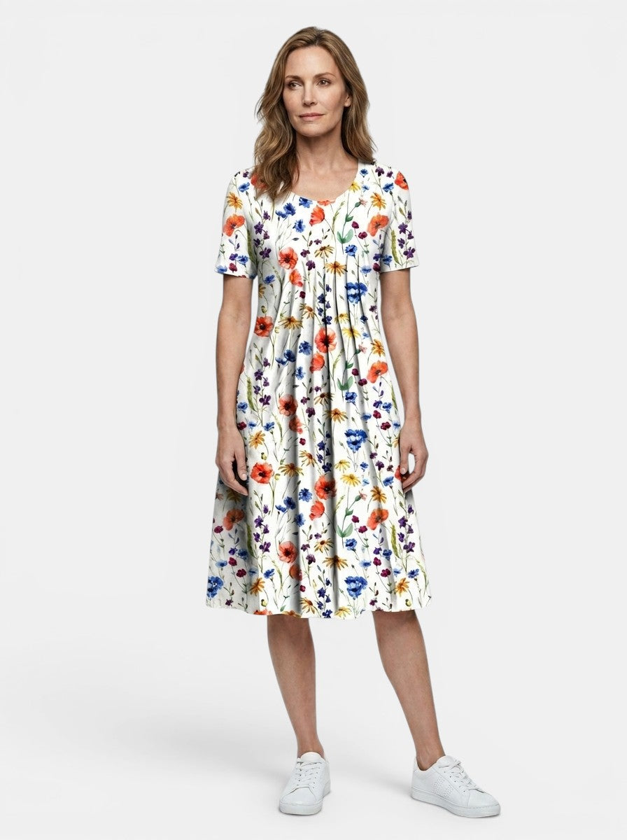 Theodora — Lightweight Floral Print Midi Dress With Flowy A-Line Summer Silhouette