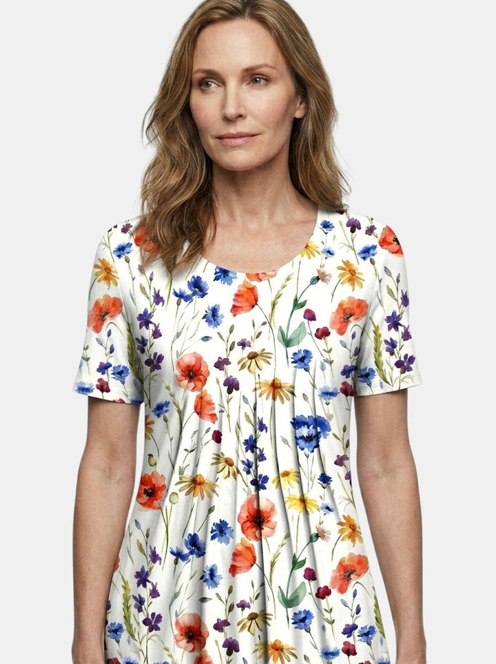 Theodora — Lightweight Floral Print Midi Dress With Flowy A-Line Summer Silhouette