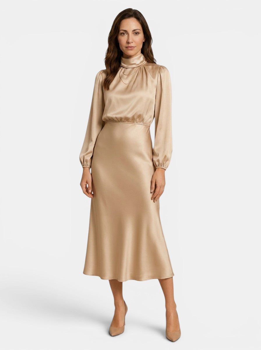 Theodora — Lustrous Midi Dress With Elegant High Neck And Flared Skirt