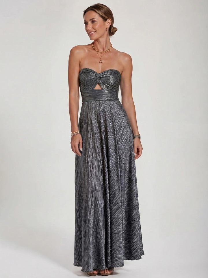 Anastasia — Shiny Fabric Maxi Dress With Elegant Strapless Pleated Evening Design