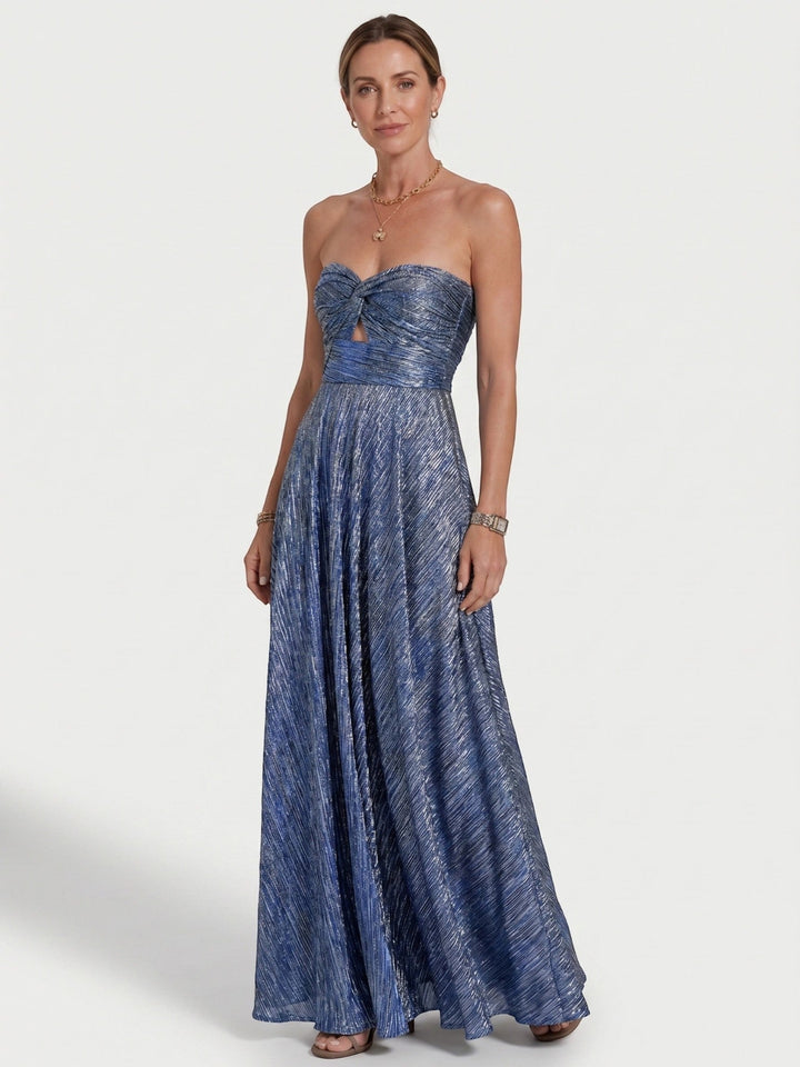 Anastasia — Shiny Fabric Maxi Dress With Elegant Strapless Pleated Evening Design