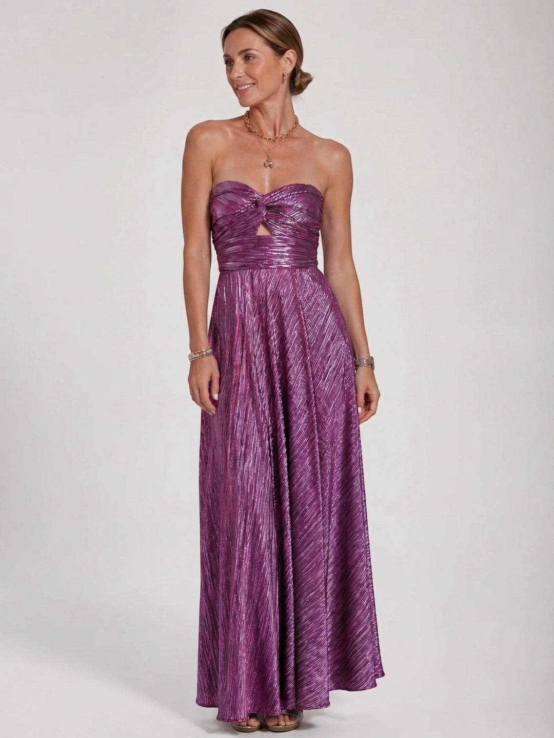 Anastasia — Shiny Fabric Maxi Dress With Elegant Strapless Pleated Evening Design