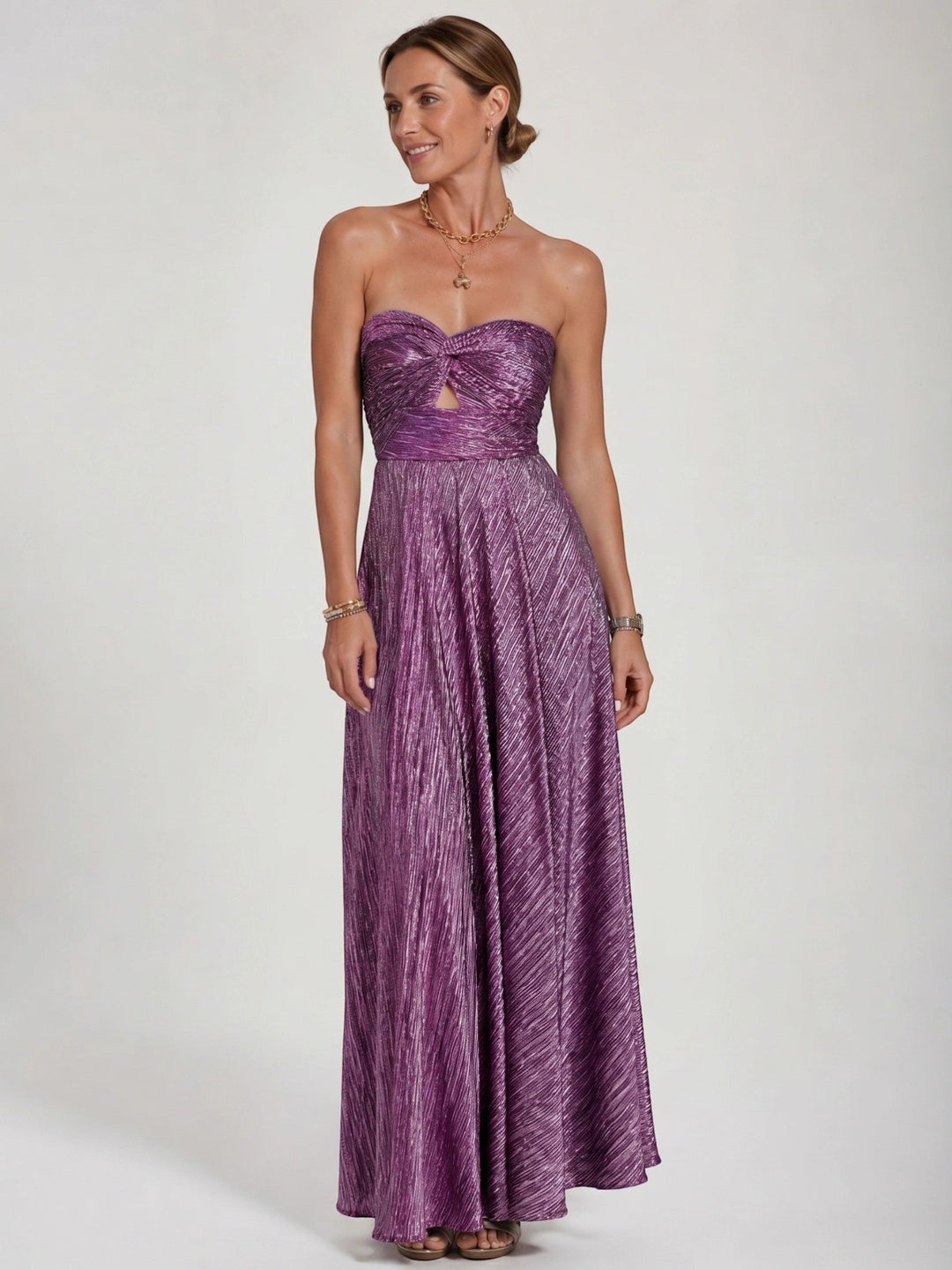 Anastasia — Shiny Fabric Maxi Dress With Elegant Strapless Pleated Evening Design