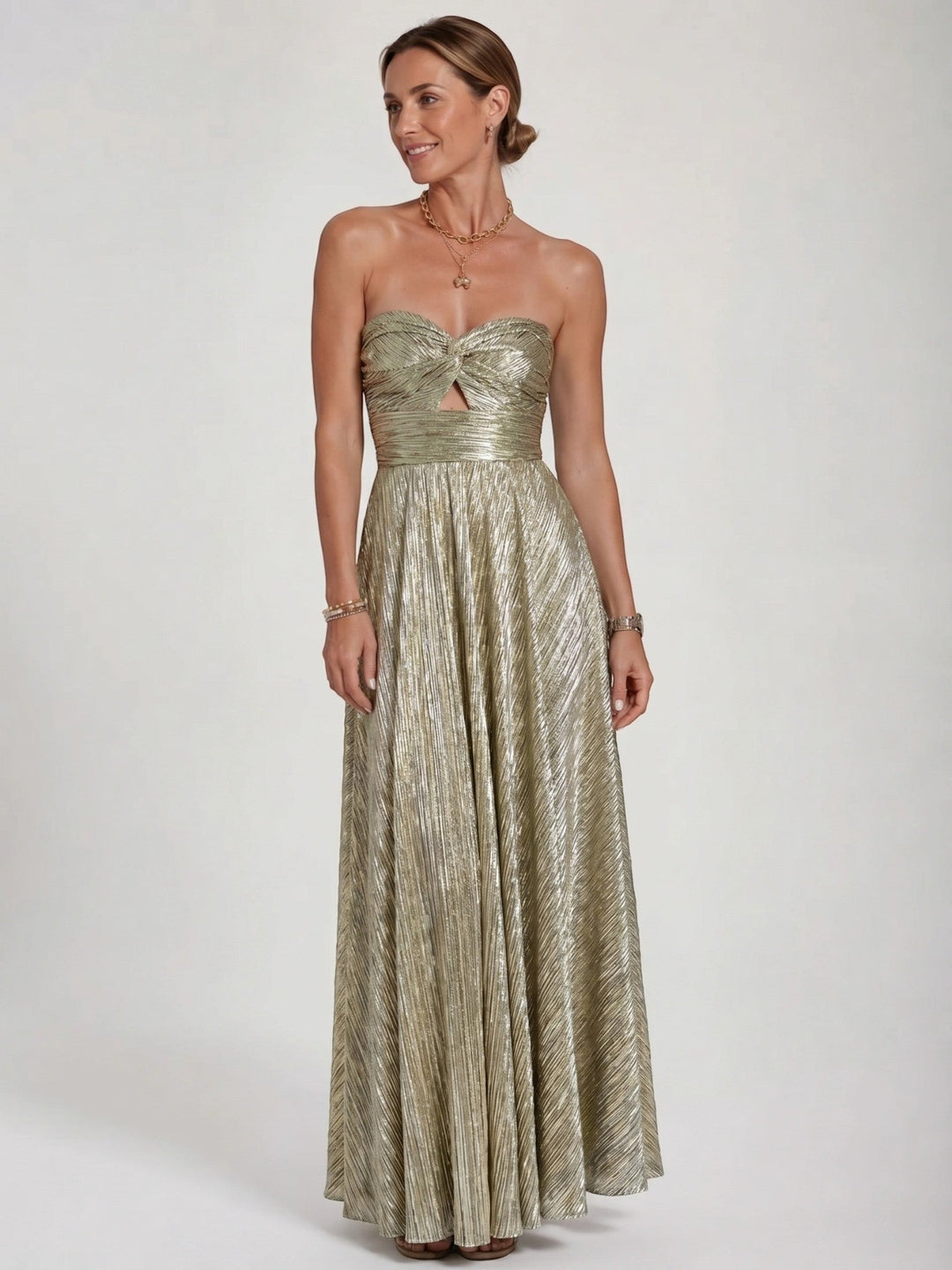 Anastasia — Shiny Fabric Maxi Dress With Elegant Strapless Pleated Evening Design