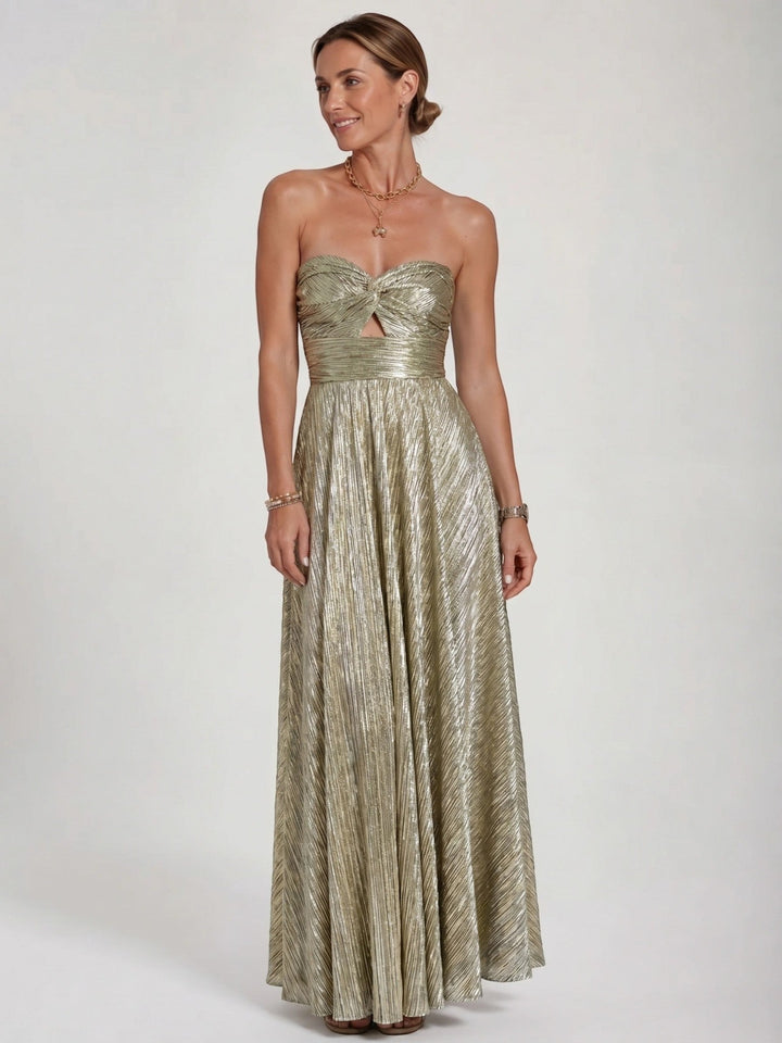 Anastasia — Shiny Fabric Maxi Dress With Elegant Strapless Pleated Evening Design