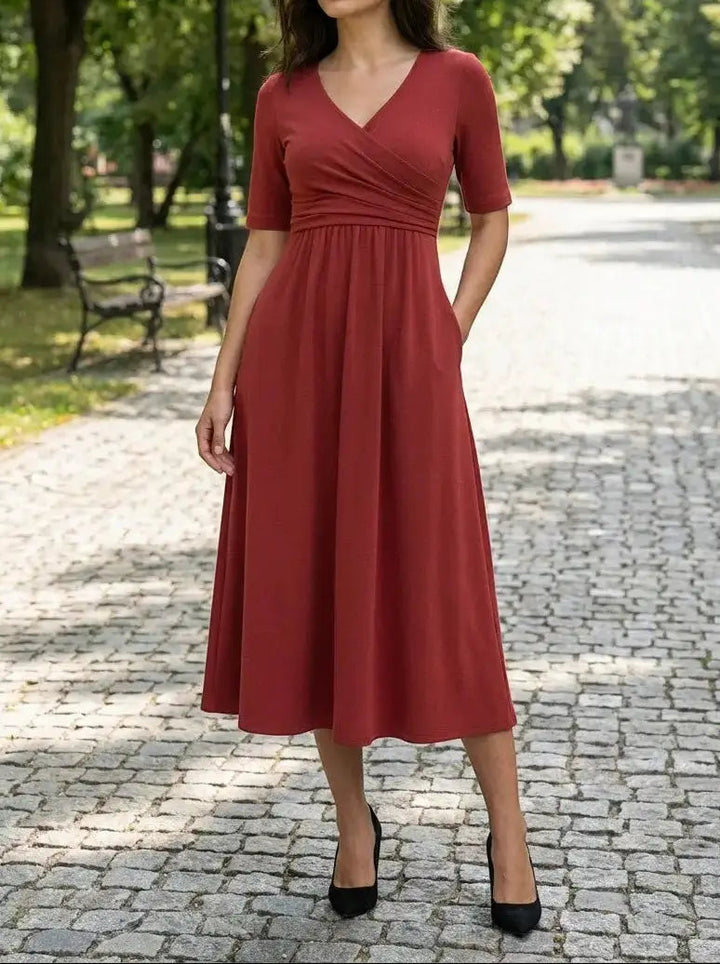 Margot — Smooth Midi Dress With Flattering Wrap Style And Practical Pockets