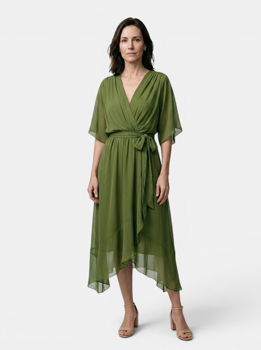 Theodosia — Soft Draped Midi Dress With Elegant V-Neck Wrap Cocktail Design