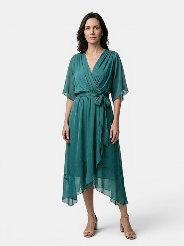 Theodosia — Soft Draped Midi Dress With Elegant V-Neck Wrap Cocktail Design
