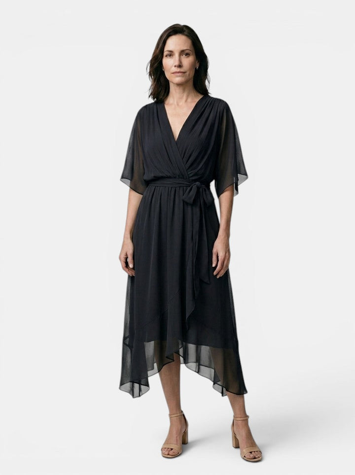 Theodosia — Soft Draped Midi Dress With Elegant V-Neck Wrap Cocktail Design