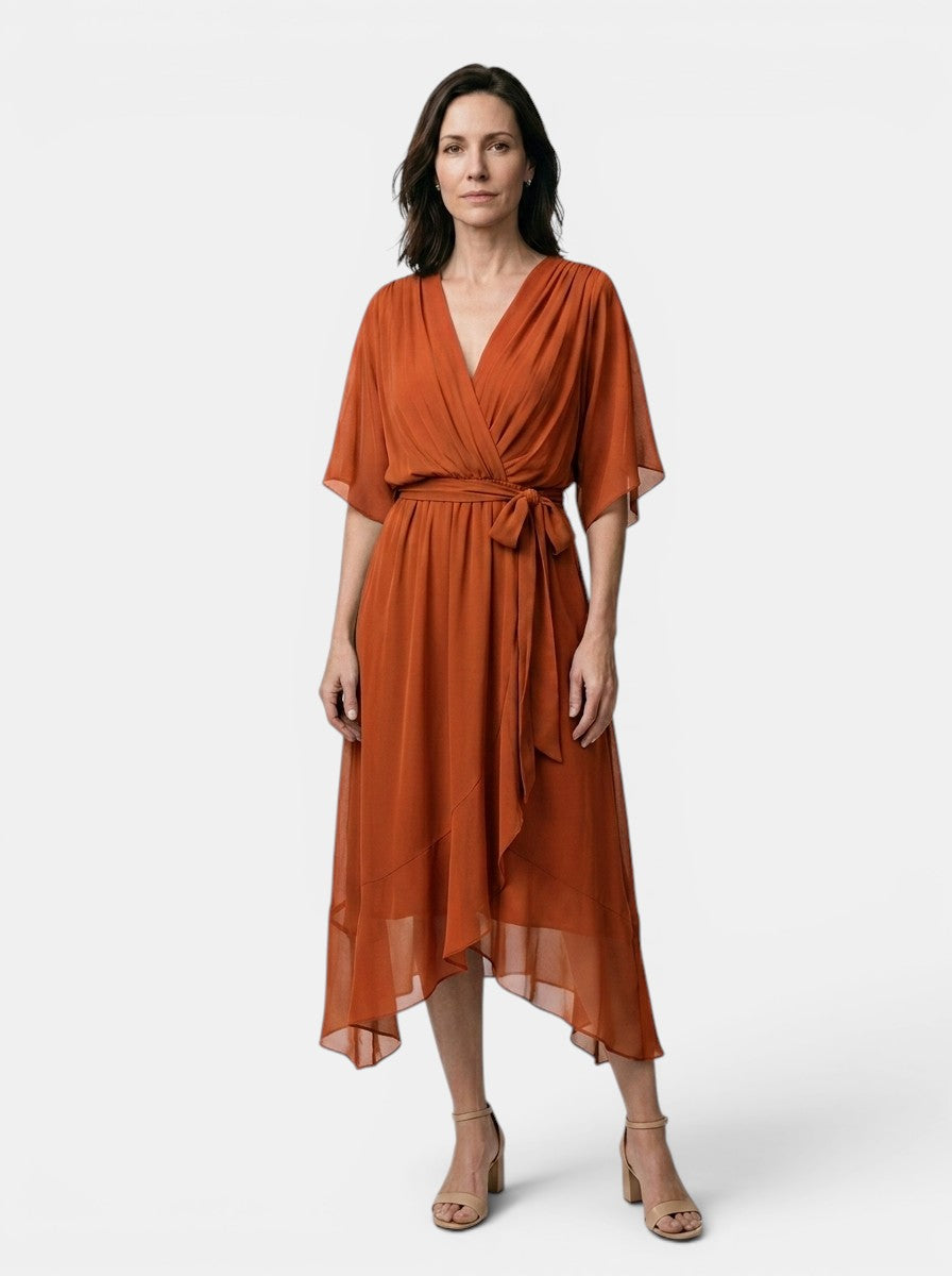 Theodosia — Soft Draped Midi Dress With Elegant V-Neck Wrap Cocktail Design