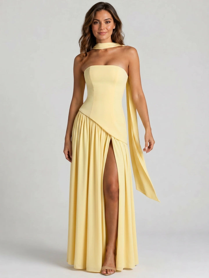 Genevieve — Structured Cocktail Dress With Elegant Strapless High Slit Design