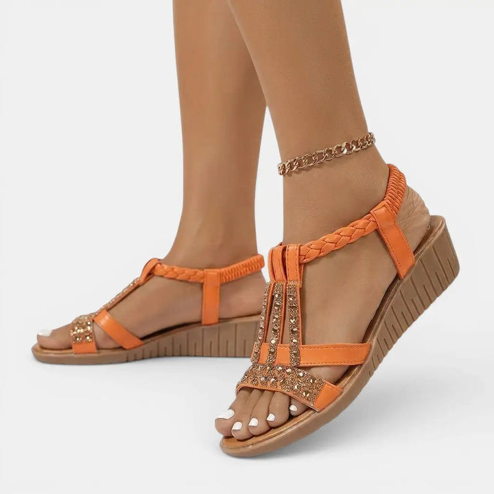Goldshine — Synthetic Wedge Sandals With Elegant Gold Shimmer Summer Design
